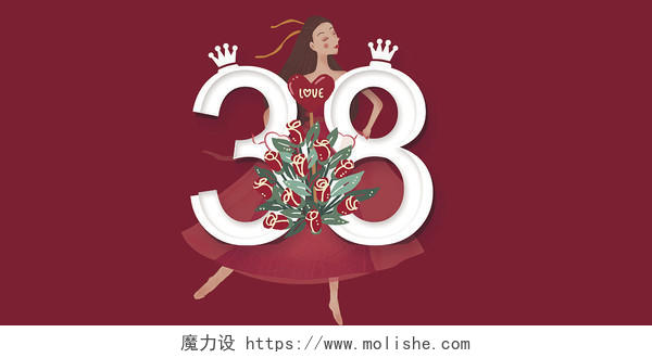 38妇女节红色唯美简约大气花朵女王浪漫38女神节三八妇女节展板背景
